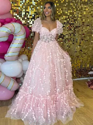 Keisha | Princess Pink Sweetheart Puffy Sleeeves Prom Dress with 3D Flower